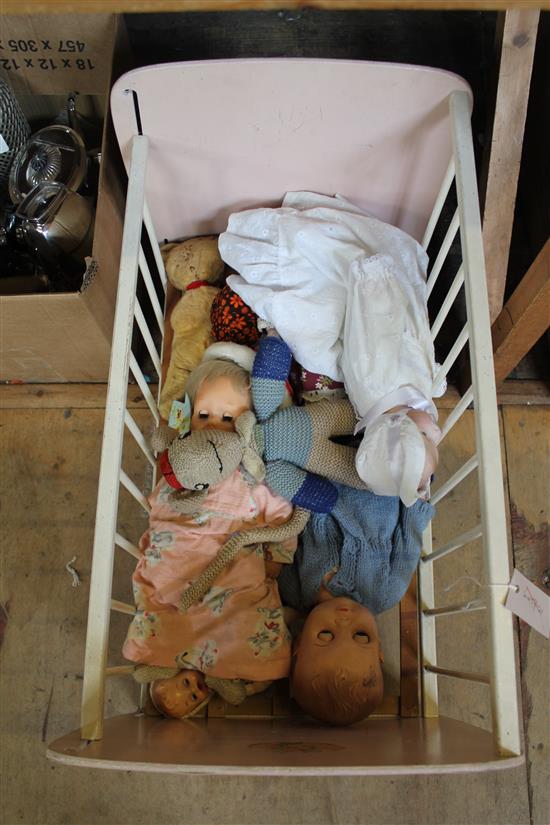 Two bisque head dolls, various other dolls, toys, cot etc